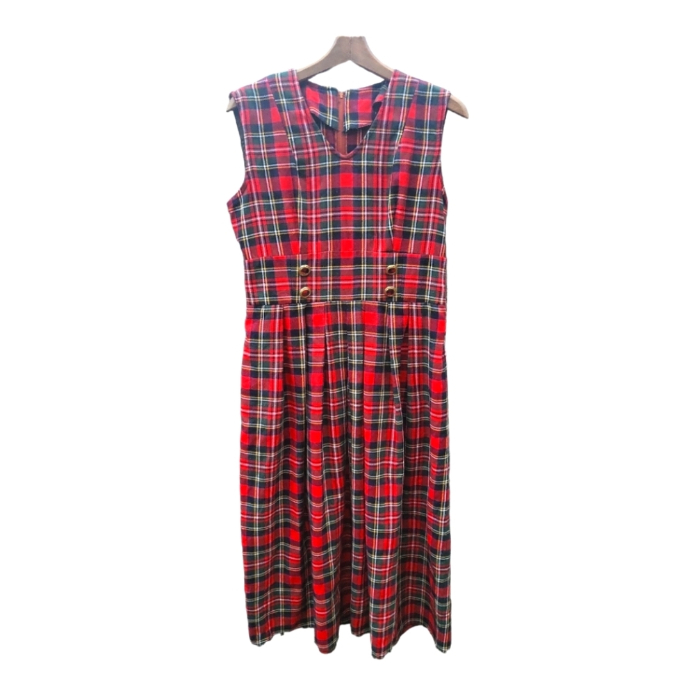 Vintage Red Tartan Plaid Cotton Sheath Maxi Dress Women's Size L 10/12